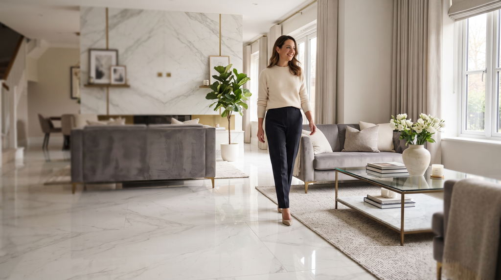 A smiling woman in elegant casual wear walks through a luxury, open-plan living room featuring polished white marble floors with grey veining from Radhasarveshwar Marble